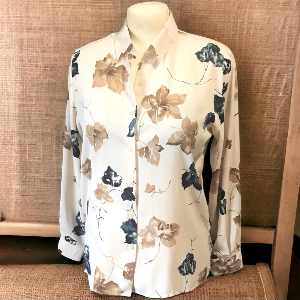 CHAUS Long Sleeve Semi Sheer Button Down Floral Print Collared Blouse